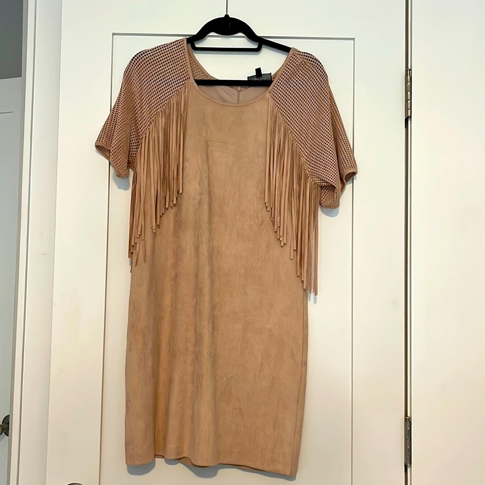 Faux suede pale pink dress with mesh and fringes